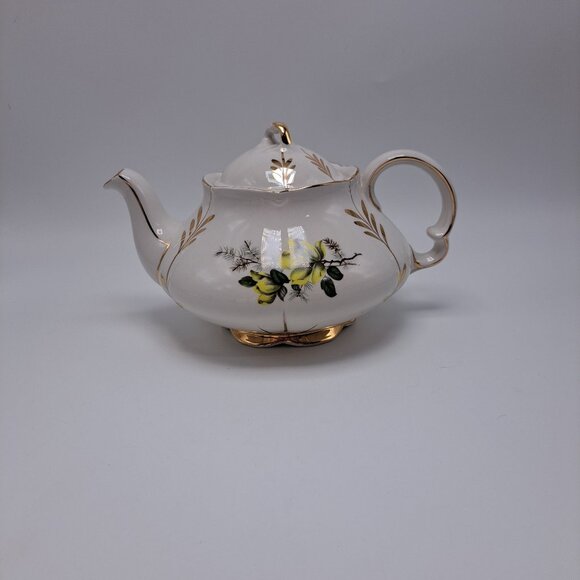 Ellgreave Wood & Sons England Yellow Floral Gold Accented Teapot Ironstone - Picture 10 of 13